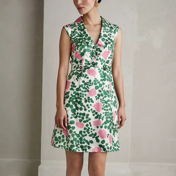 MOULINETTE SOEURS Anthropology Women's Green & Pink Leaf Floral Print Dress 4 - Picture 3 of 11